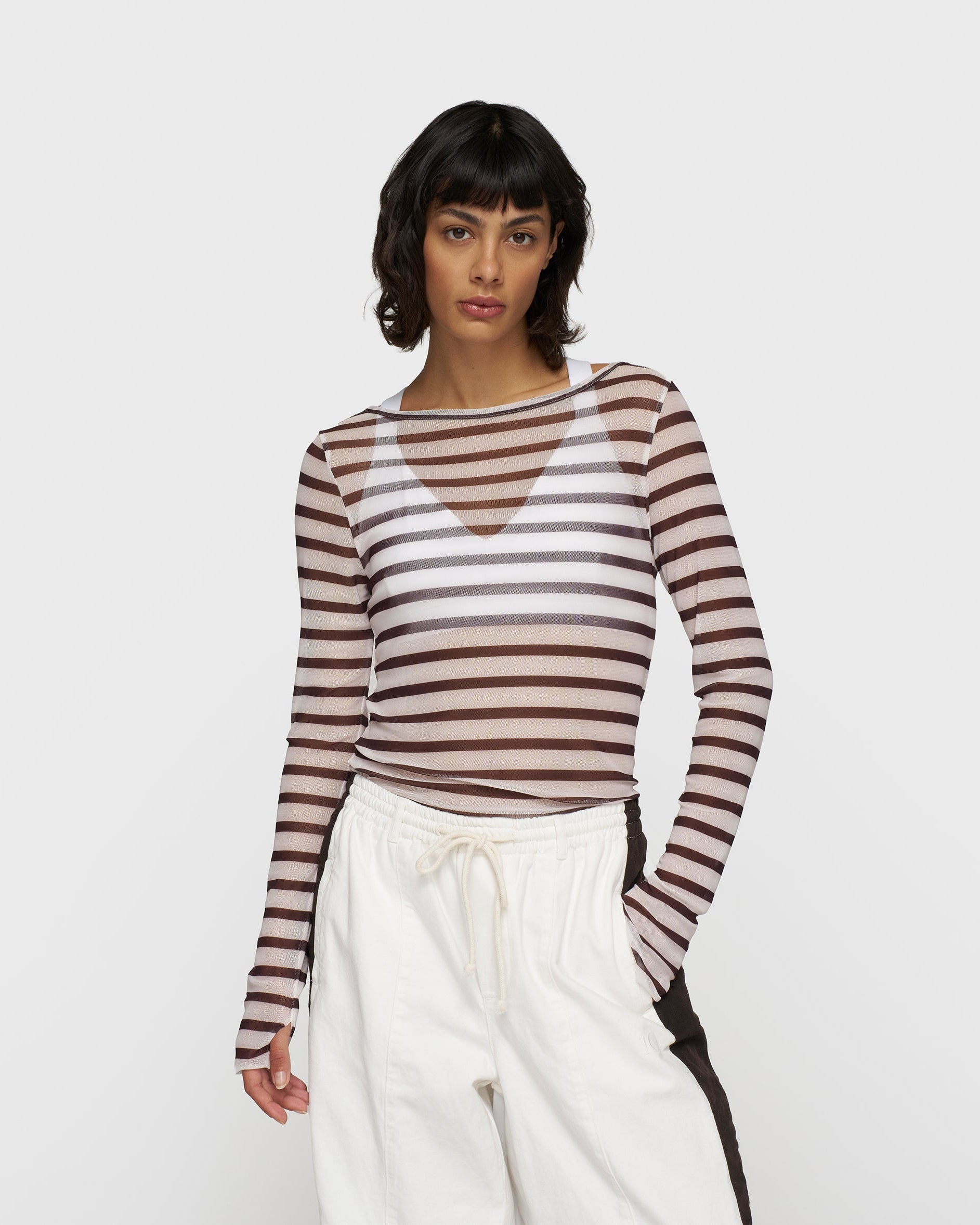 10DAYS Mesh Long Sleeve Stripes T-shirts