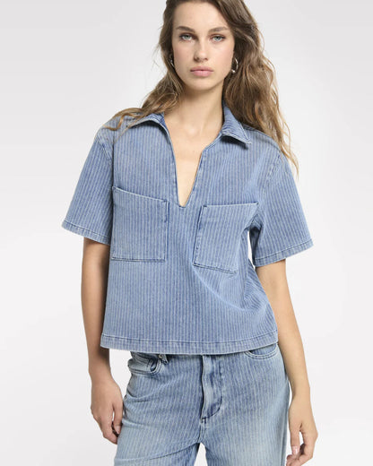 Homage to Denim Striped Denim Top Tops