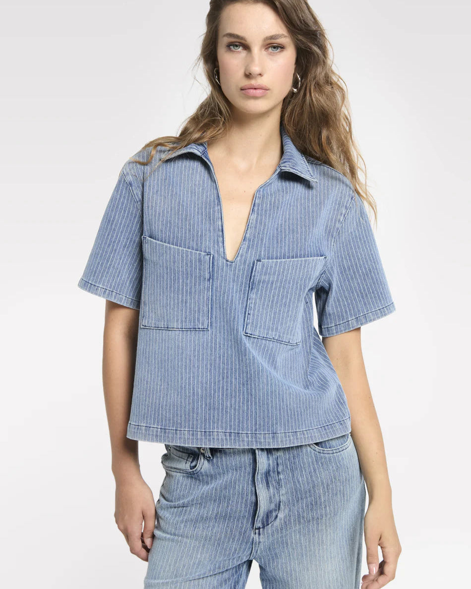 Homage to Denim Striped Denim Top Tops
