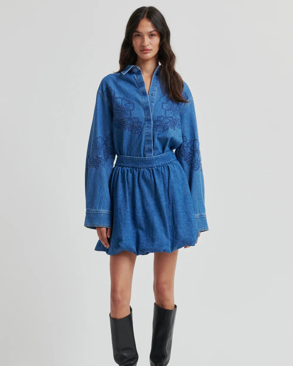 Second Female Cornelia Denim Mini Balloon Skirt Rokken