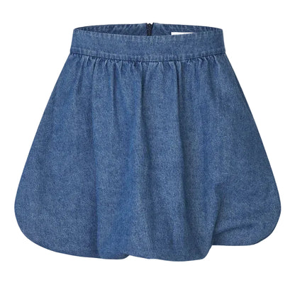 Second Female Cornelia Denim Mini Balloon Skirt Blue Denim Rokken