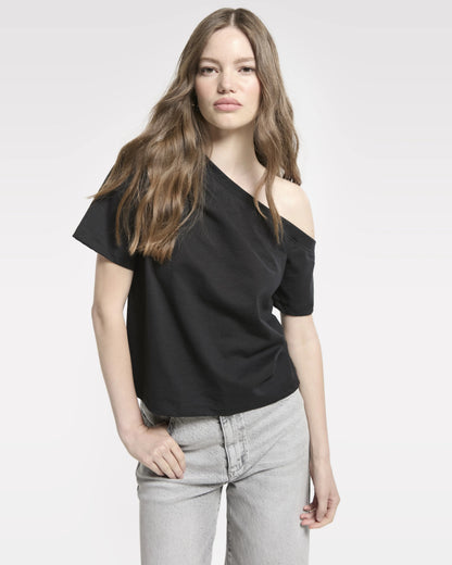 Homage to Denim Off Shoulder Top With Pleats Tops