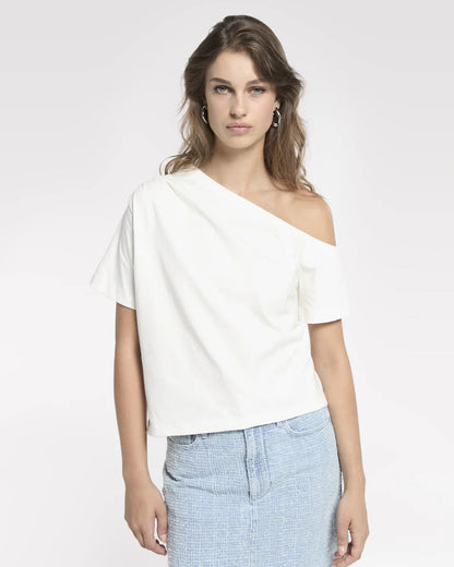 Homage to Denim Off Shoulder Top With Pleats Tops