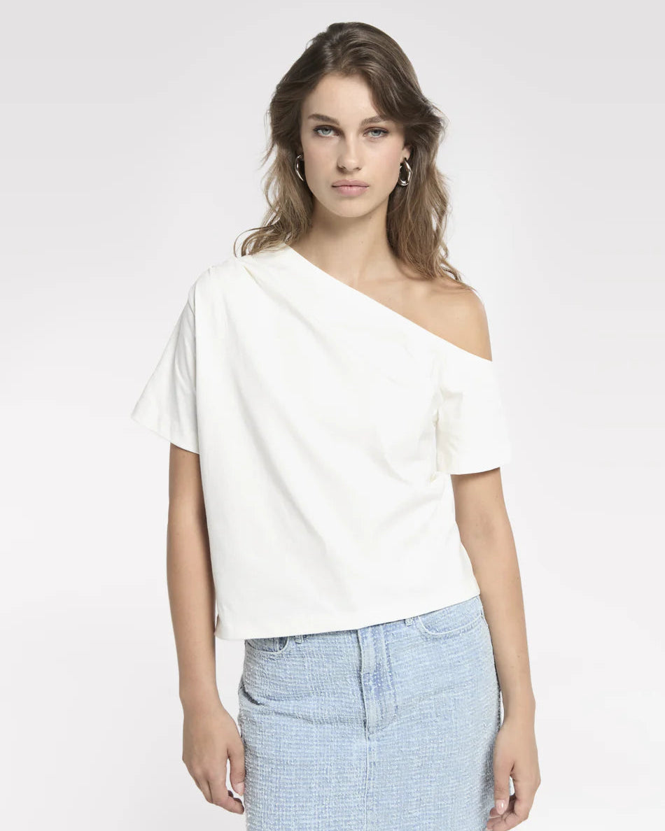 Homage to Denim Off Shoulder Top With Pleats Tops