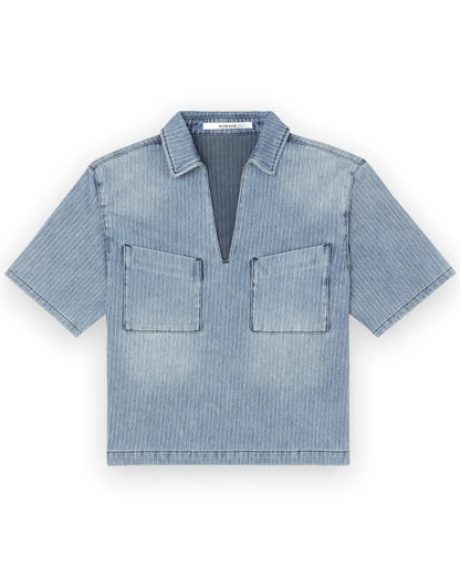 Homage to Denim Striped Denim Top Stripy Blue Tops