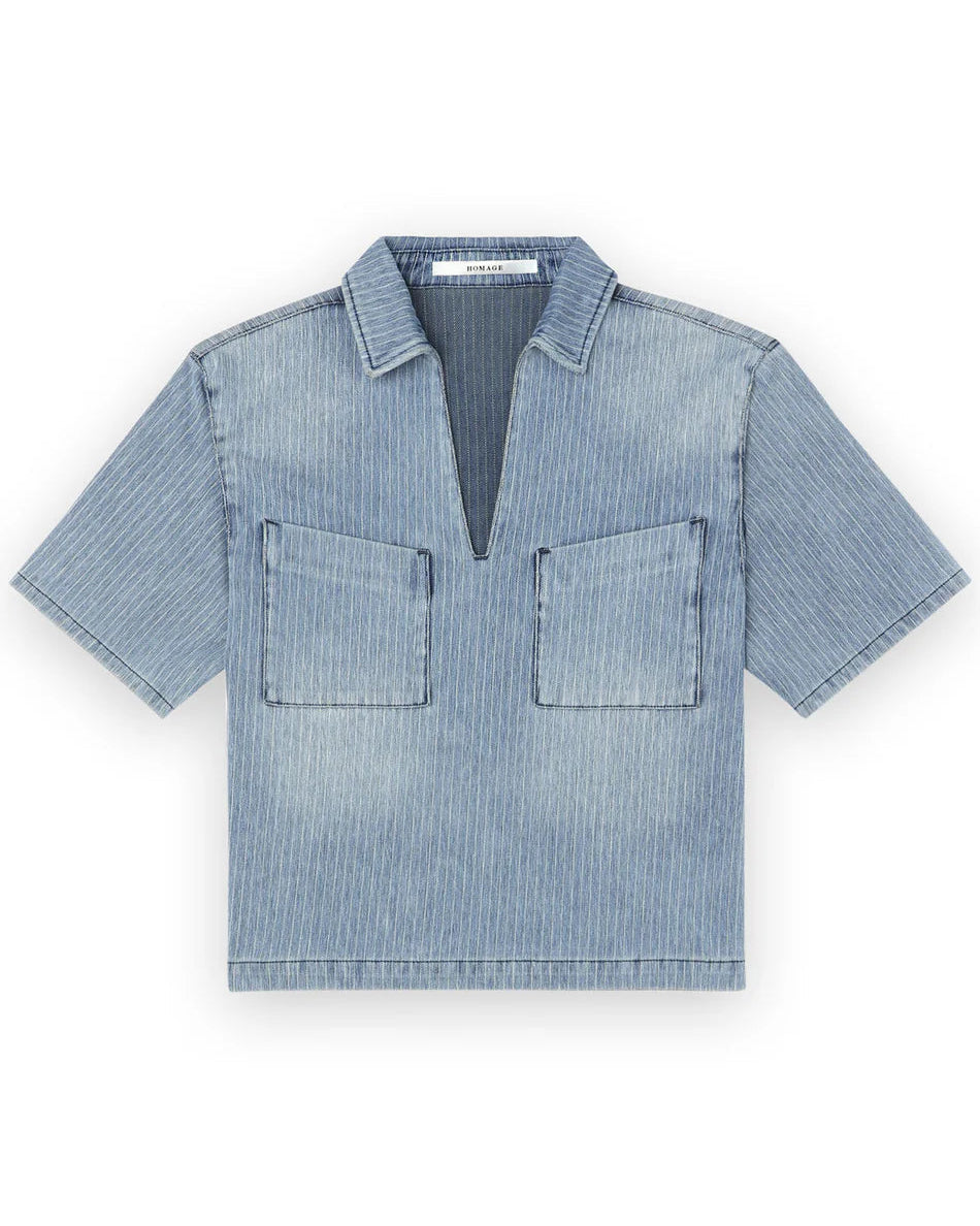 Homage to Denim Striped Denim Top Stripy Blue Tops