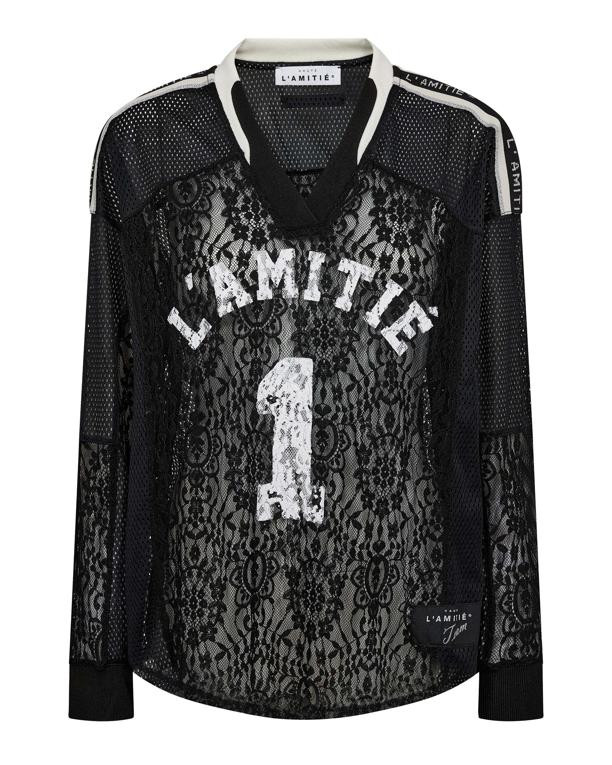 Haute L'amitié Lace Football V- Blouse Black Tops