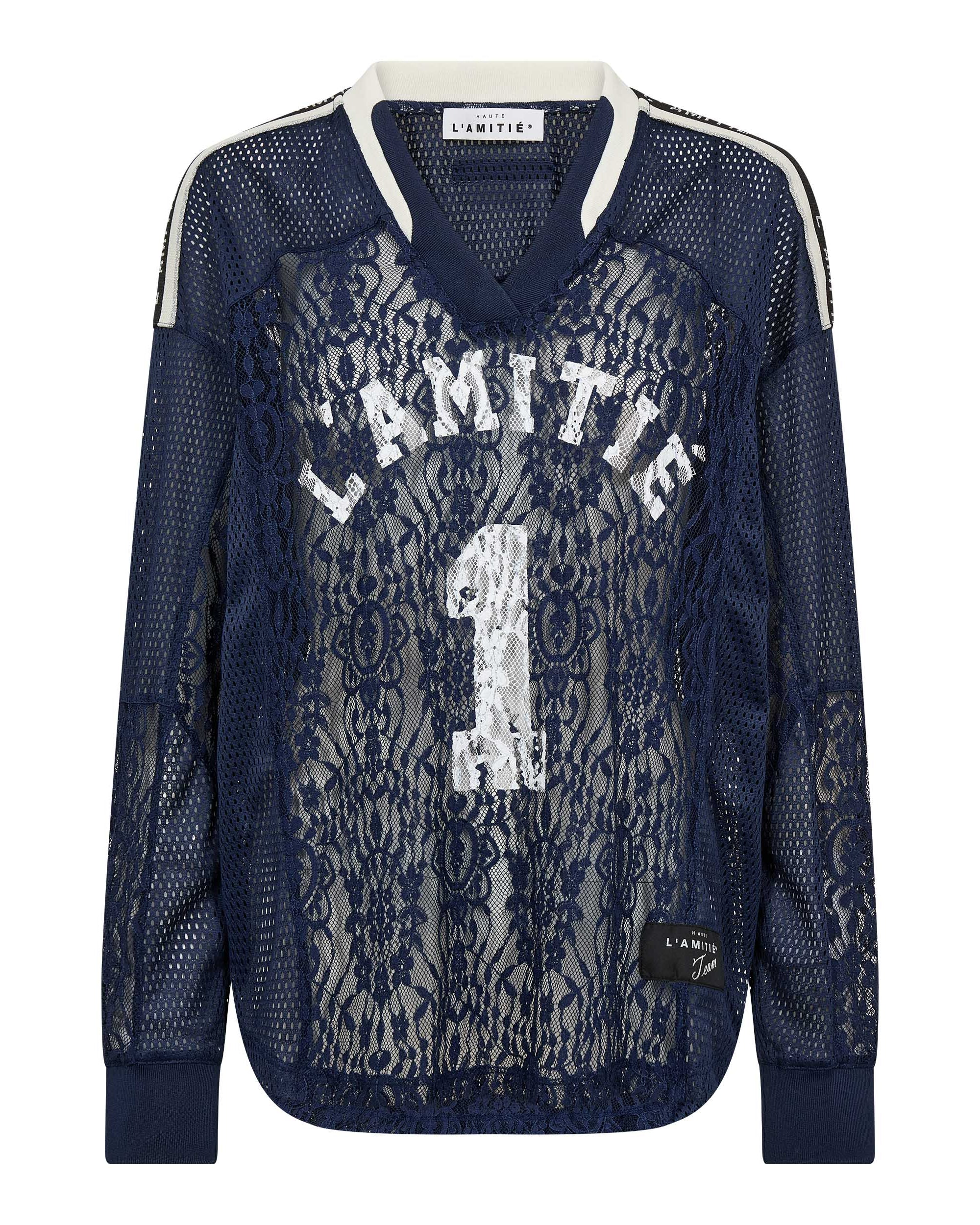 Haute L'amitié Lace Football V- Blouse Navy Tops