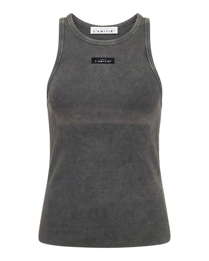 Haute L'amitié Acid Rib Badge Tank Top Black Acid Wash