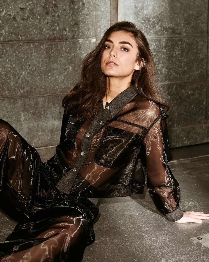 Haute L'amitié Organza Crop Denim Blouse Blouses